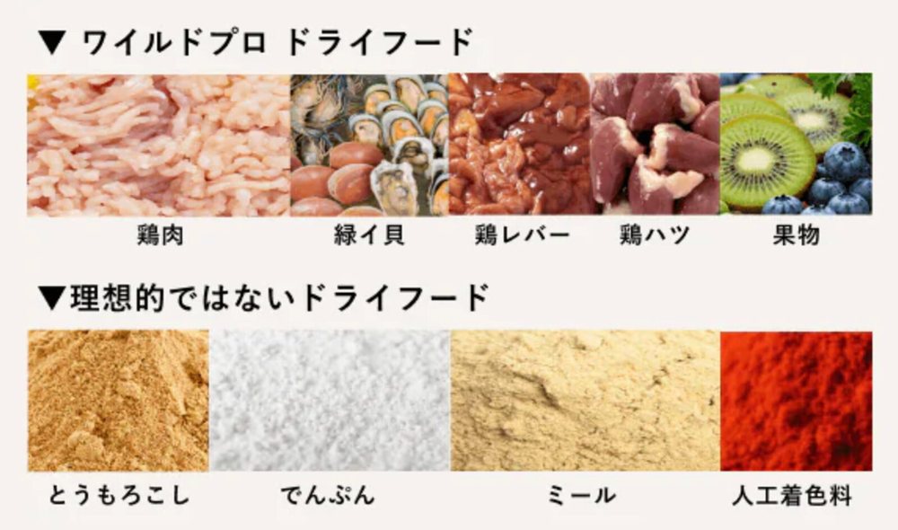 ワイルドプロの原材料と理想的ではないドライフードの比較